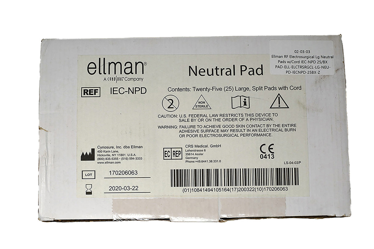 Ellman RF ElectroSurgical Lg Neutral Pad w/Cord IEC-NPD